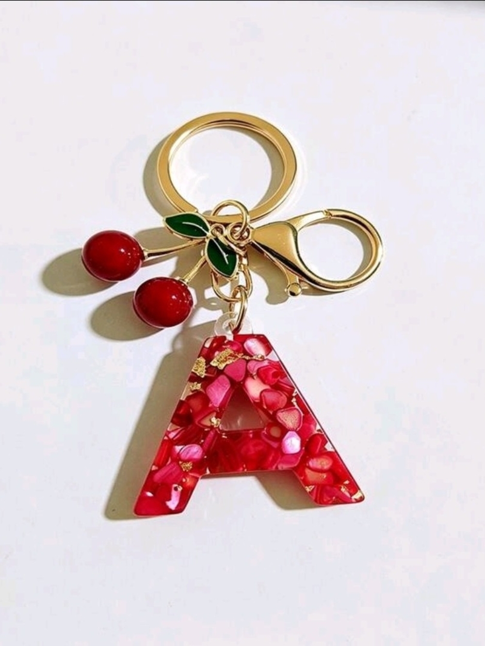 Gold-Tone Cherry Initial A Key & Card Holder - Red Acrylic Letter